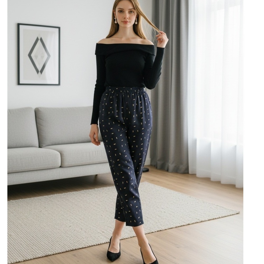 NYCC Womens 1X Black Relaxed Fit Pull-on Stretch Crop Pants Gold Leaves Vtg NWT